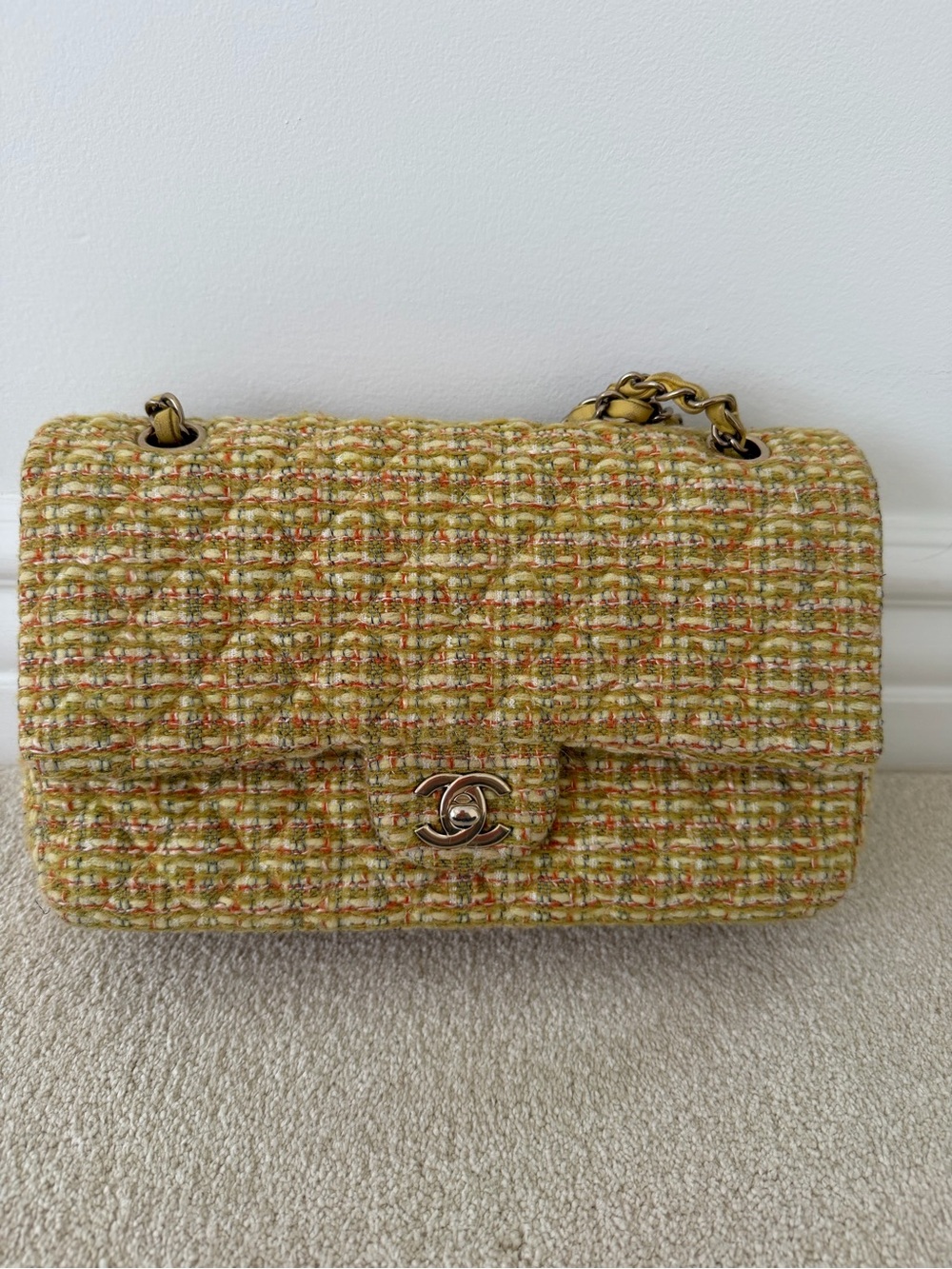 Chanel Tweed Quilted Medium Double Flap yellow cream Handbag